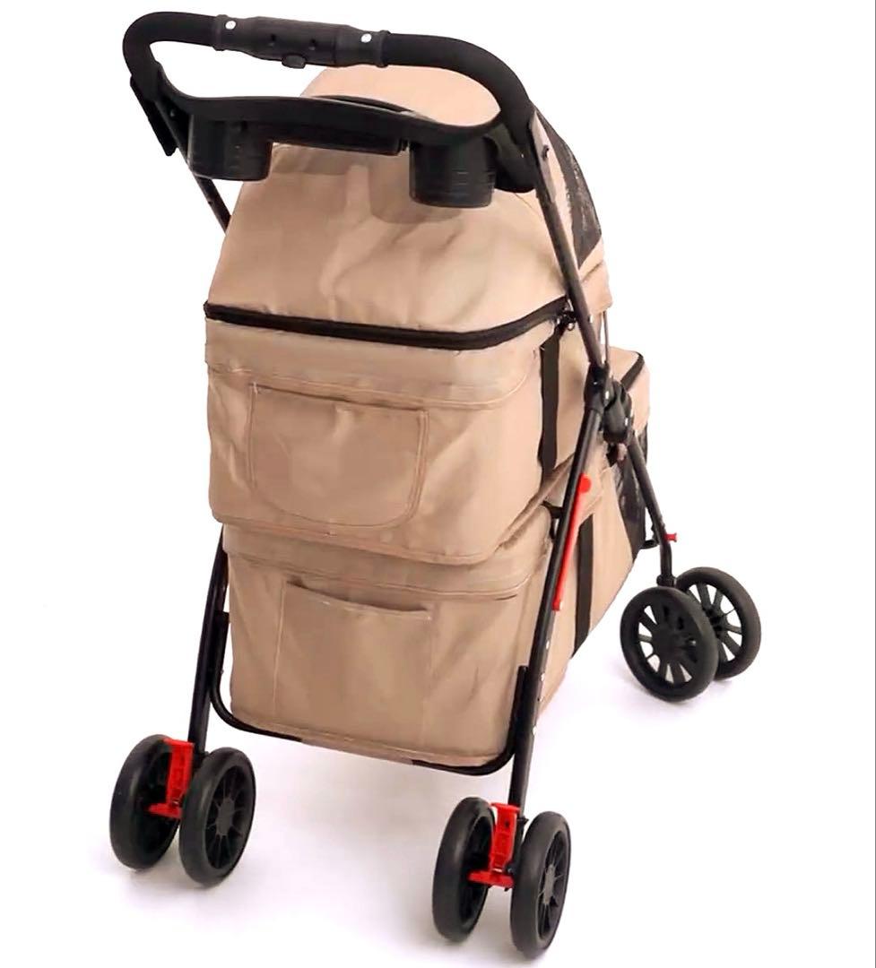 【カーキ】2段式ペットカート犬 猫 折たたみ可能 小型犬 ブレーキ付 多頭
