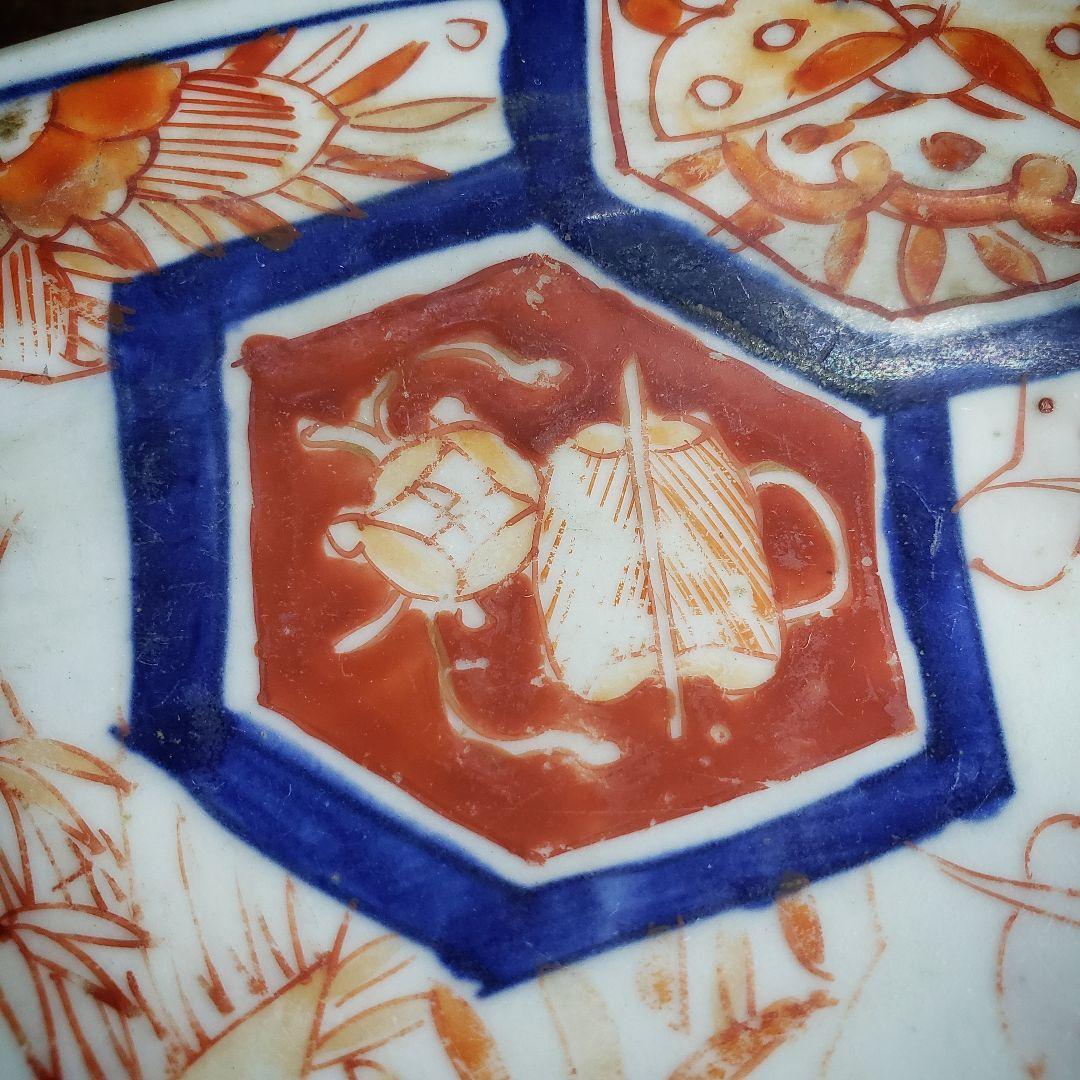 古伊万里　染付　赤絵　変形皿　貝型　蝙蝠　蝶　唐草　明治　訳あり