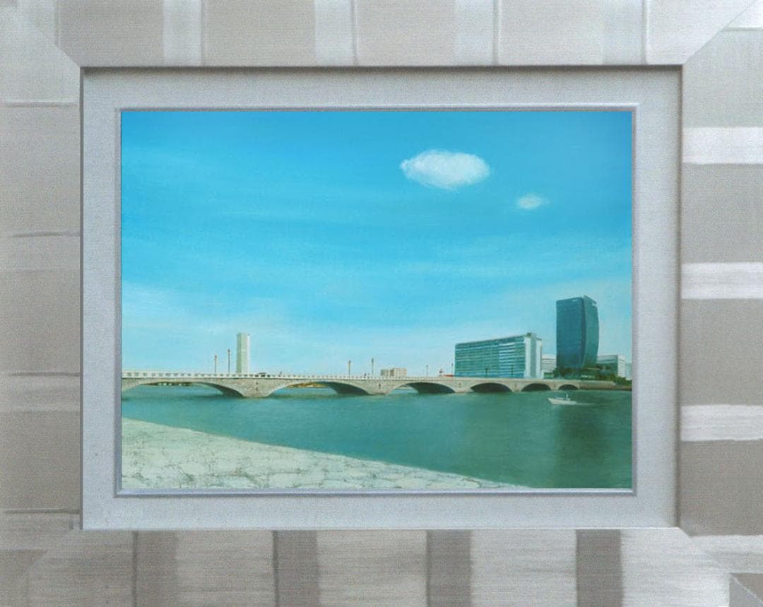 油絵 菅家令子 絵 絵画インテリア額付(青緑+金色の枠)F6-080314万代橋