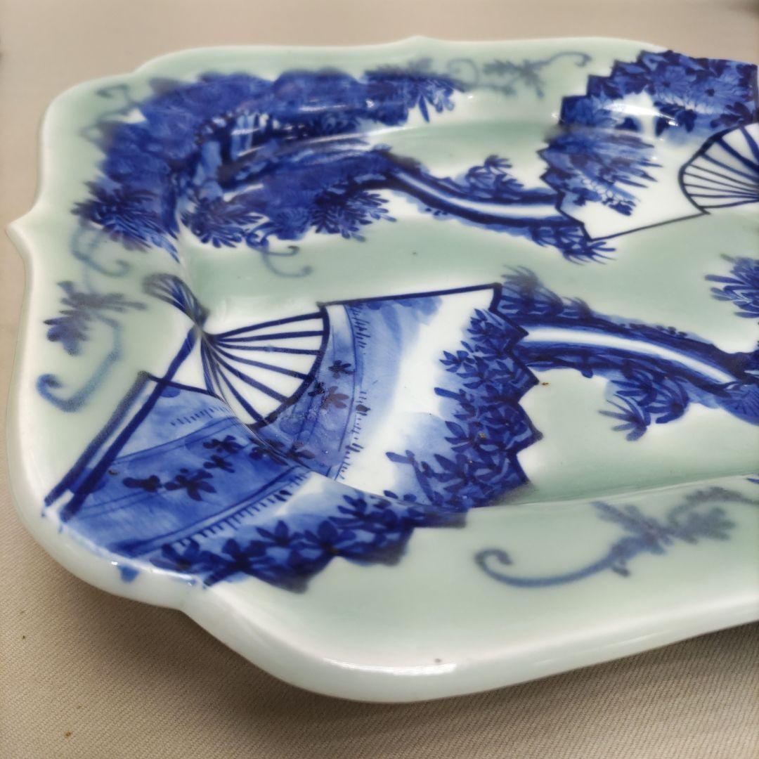 古伊万里青磁　扇面花の図　皿　D585