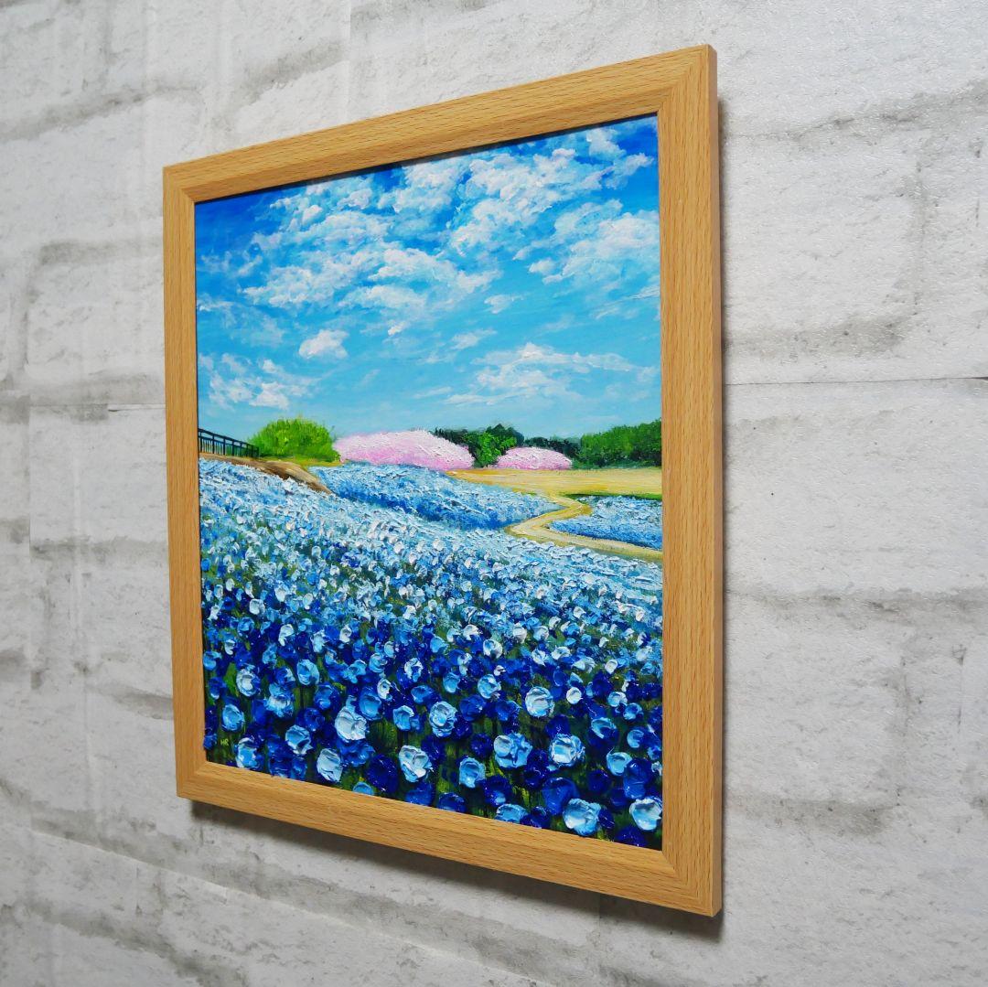 油絵 油彩 油彩画 絵 絵画 【ネモフィラと桜】