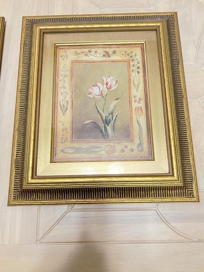アンティーク額絵　英国製　大きめ　ゴールド金縁額絵　花　あやめ　チューリップ