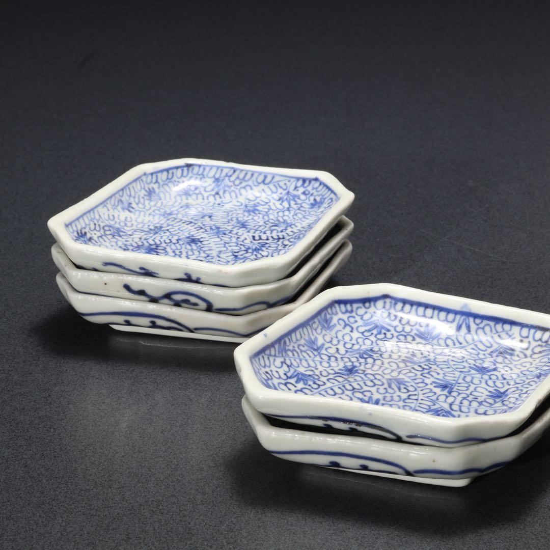 伊万里染付微塵唐草　菱形豆皿５枚　骨董　古伊万里　R1664B3