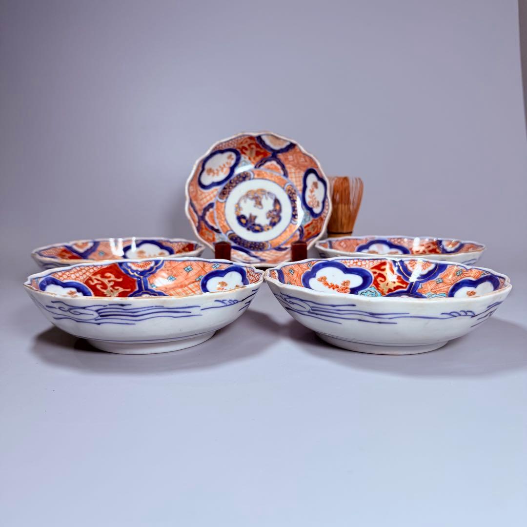 古伊万里　色絵松竹梅なます皿　五客　蛇の目高台　赤絵　緻密な絵付け　古器を楽しむ