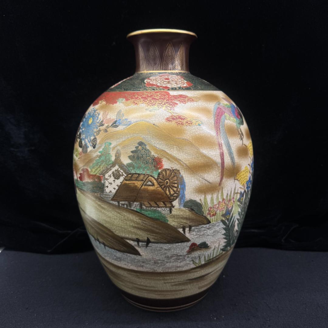 古美術品 薩摩焼 金彩花鳥図大花瓶 細密絵付 多彩な花模様 骨董品