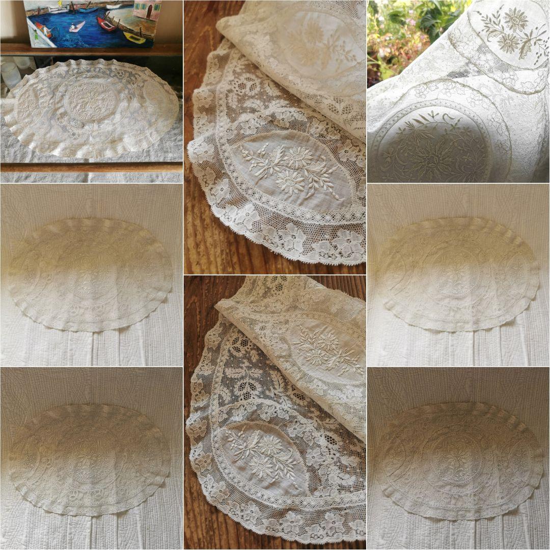 アンティークフランス ノルマンディーレース 花刺繍 アランソン オーバルドイリー