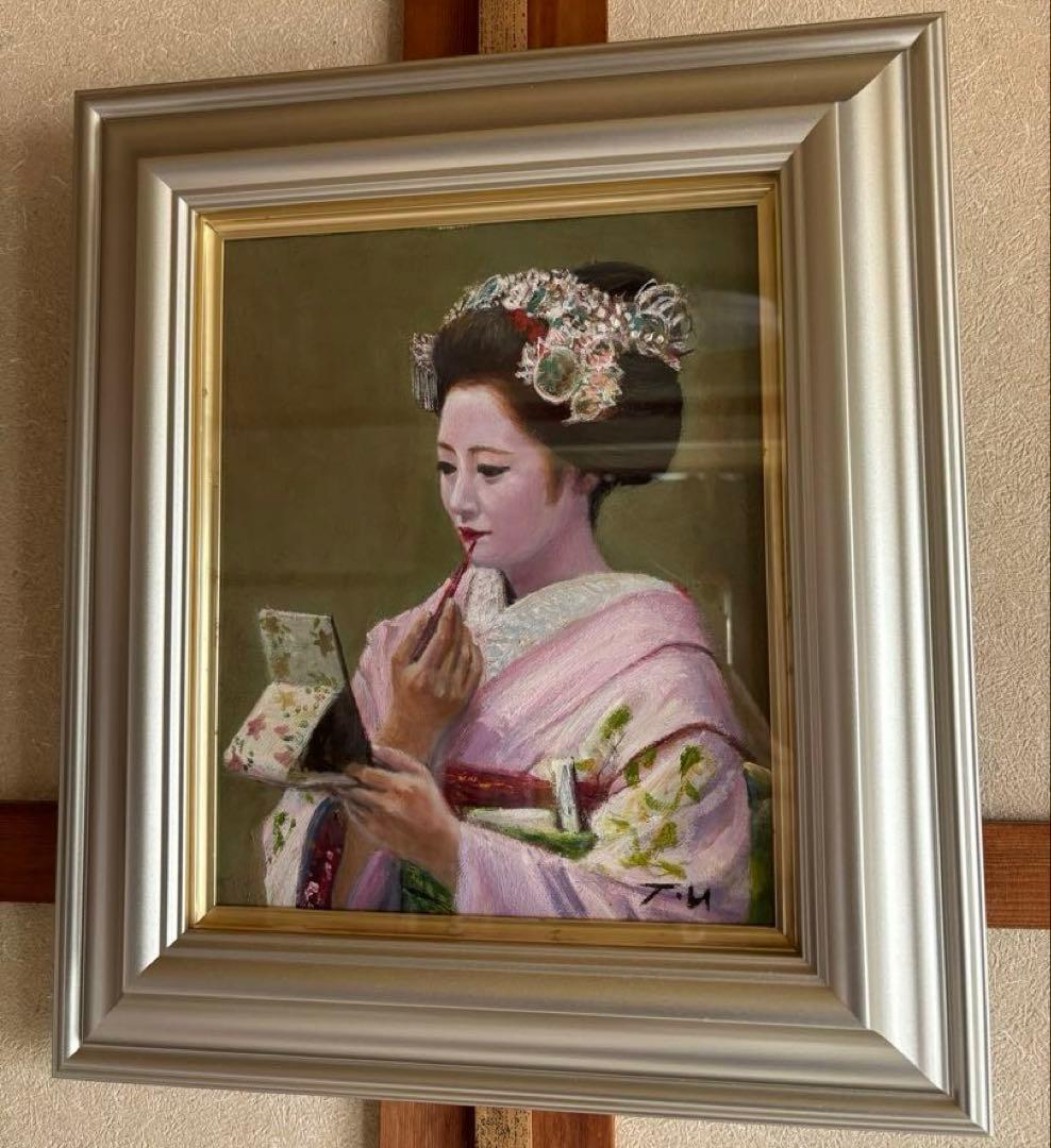 絵画「舞妓 紅をさす」洋画、油絵、3号宇野孝之、箱有り