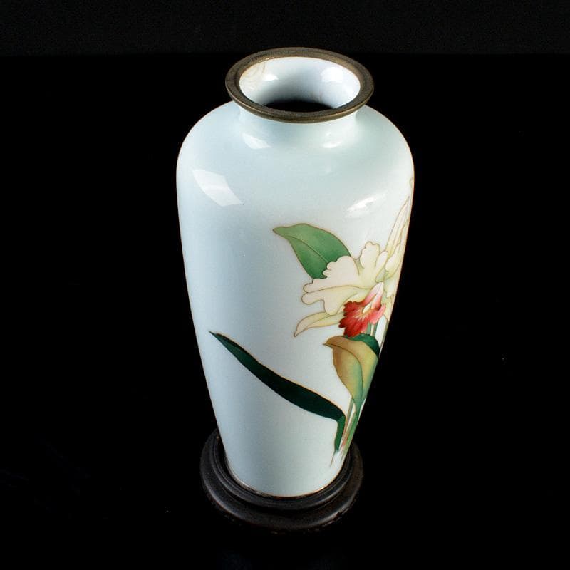 七宝焼　安藤七宝店　百合文　花瓶　唐木台付　C　6287