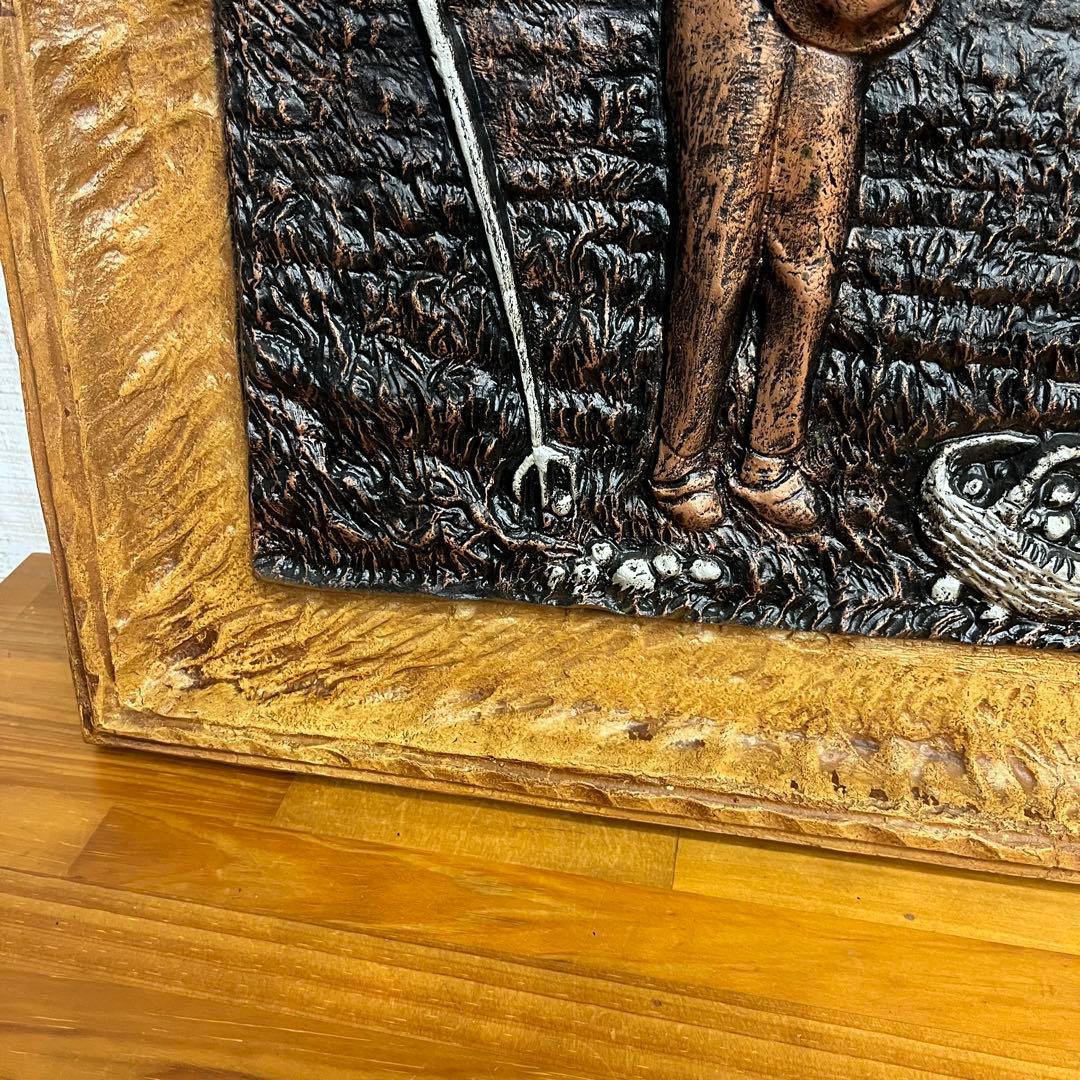 【アンティーク】額装 額縁 彫刻 浮彫 絵画 農場 晩鐘 レリーフ 美術品 骨董