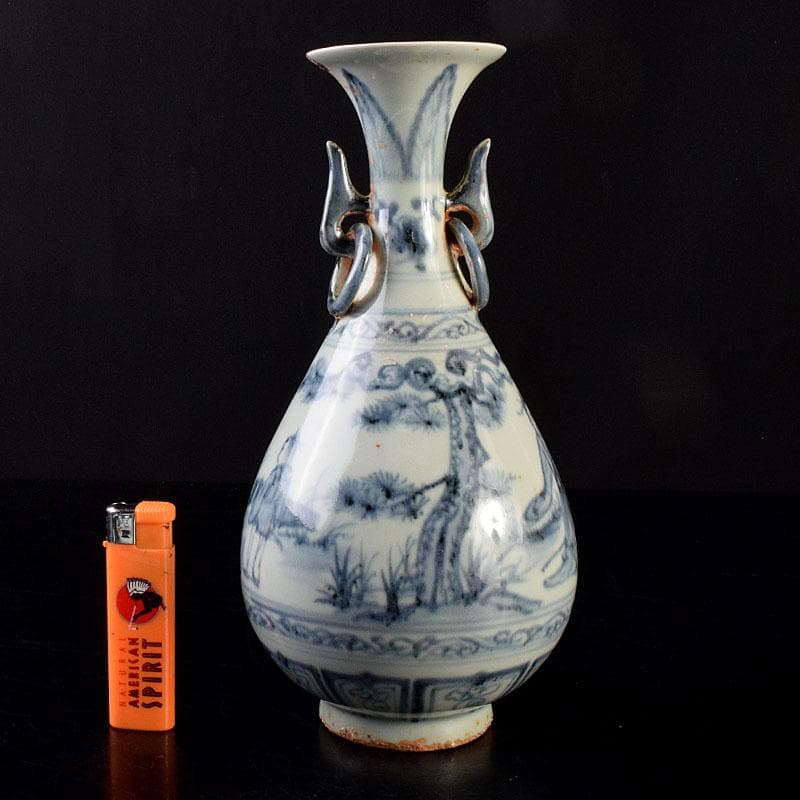 中国　青花　山水人物文　双耳瓶　玉壺春瓶　C　6900