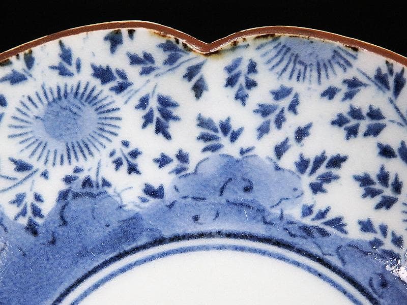 古伊万里　染付　型刷印判　木瓜型　撫子の図　江戸中期　C077AS- BMu