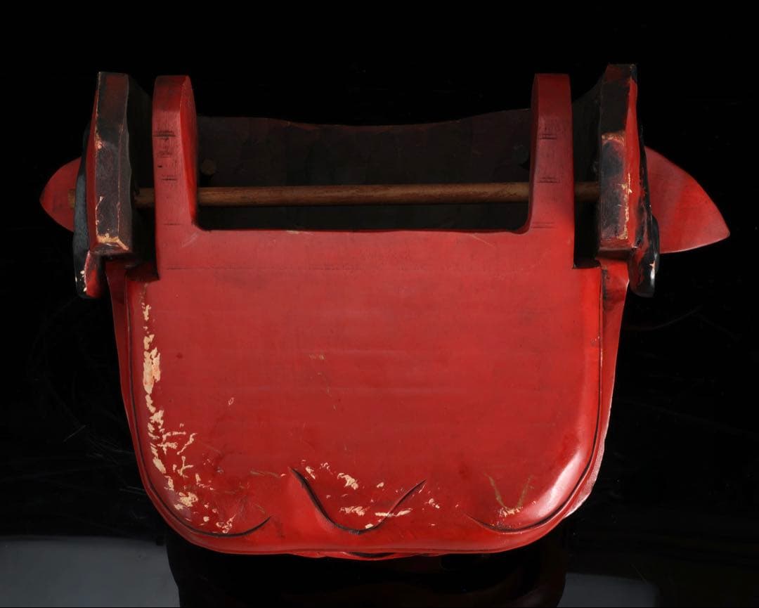 時代物 木彫獅子頭 朱漆金彩 幅49cm 獅子舞 神楽面 魔除 縁起物 骨董品