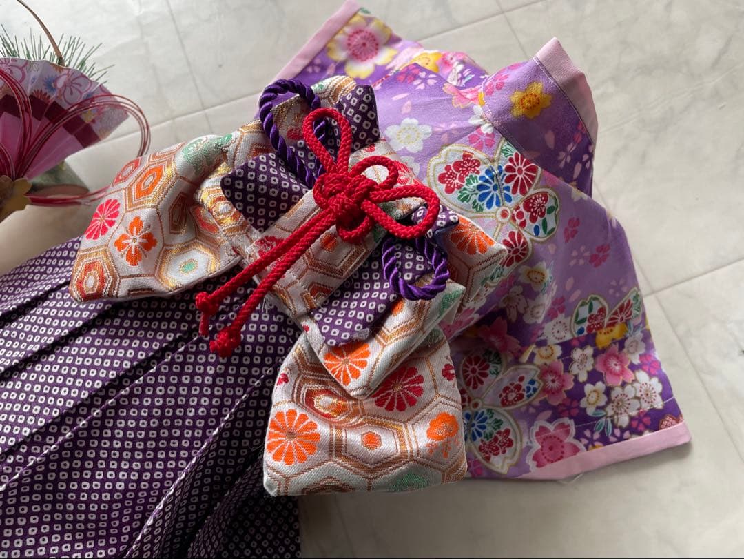 fumi s わんちゃ袴の着物オーダー作成　流れ桜/鹿の子柄袴　紫　計２着