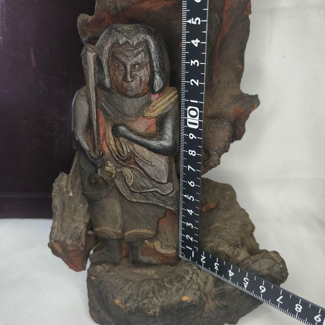 不動明王像 木彫り 樹根彫り光背 江戸骨董 桐箱付 仏教美術 アンティーク