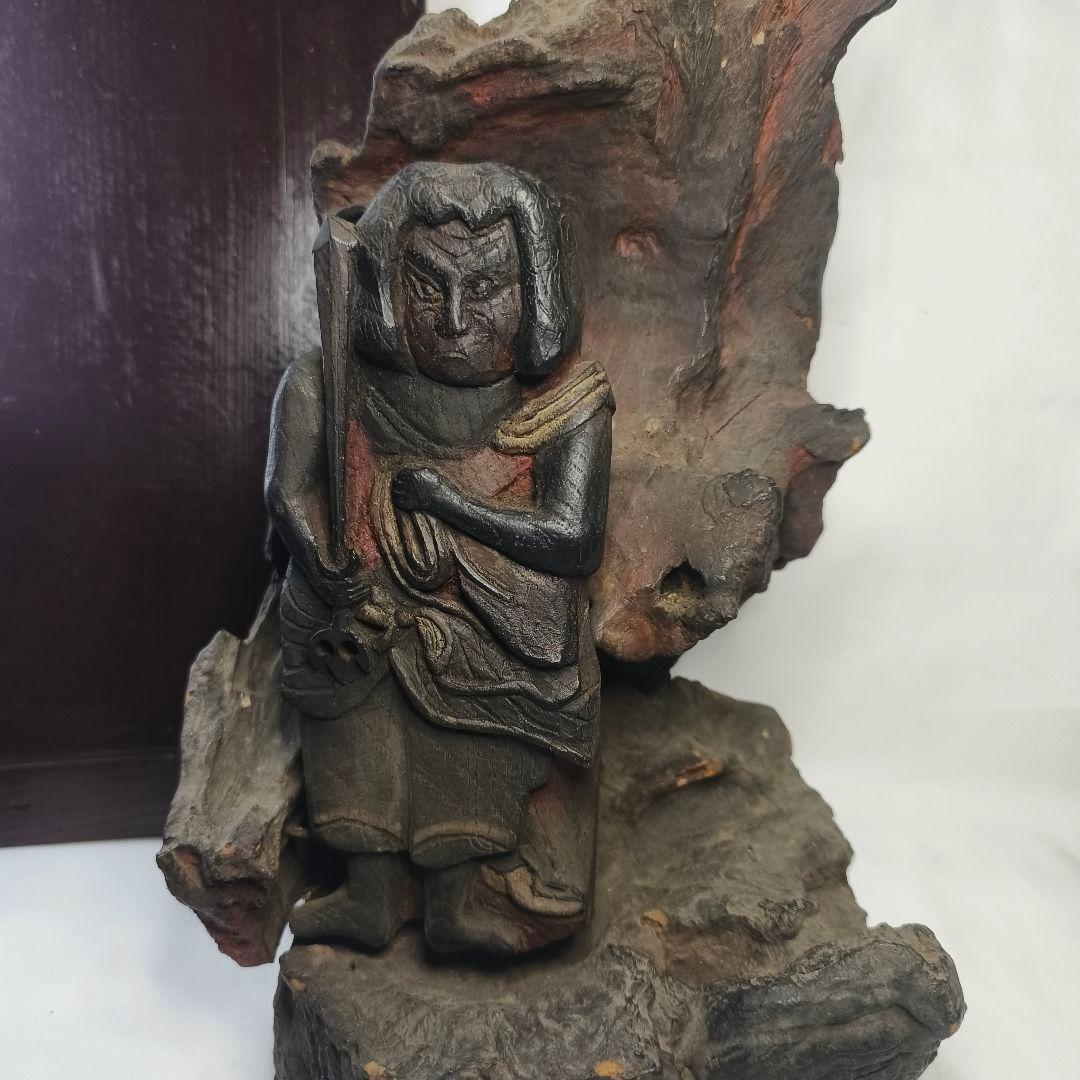 不動明王像 木彫り 樹根彫り光背 江戸骨董 桐箱付 仏教美術 アンティーク