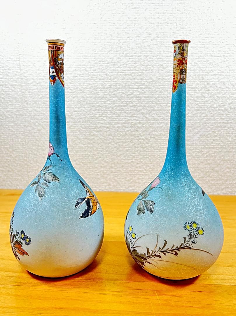 ★美品★ 竹内忠兵衛 花鳥文 花瓶 明治 シャークスキン 特許 石目焼 2点