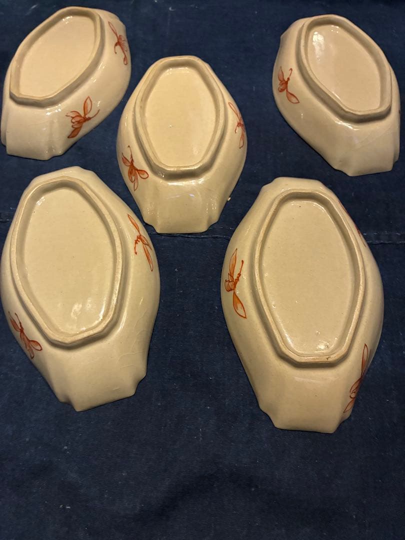 九谷焼　青手　絵がわり　菱皿　5枚　手描き　金彩　古手 傷無し　古九谷写