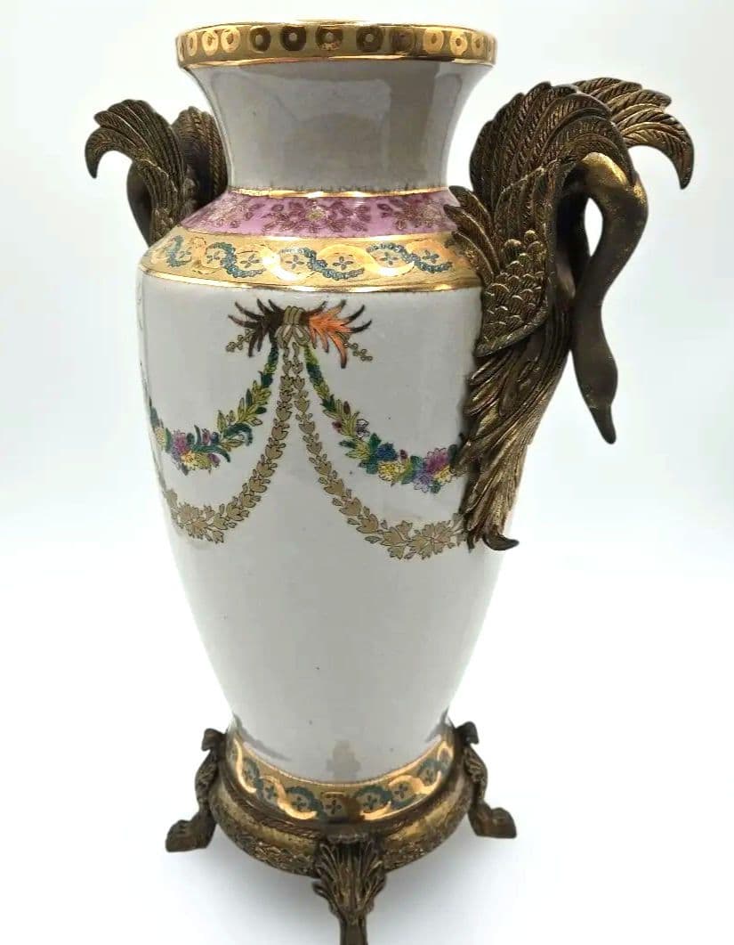 アンティーク 陶器製花瓶 白鳥のハンドル