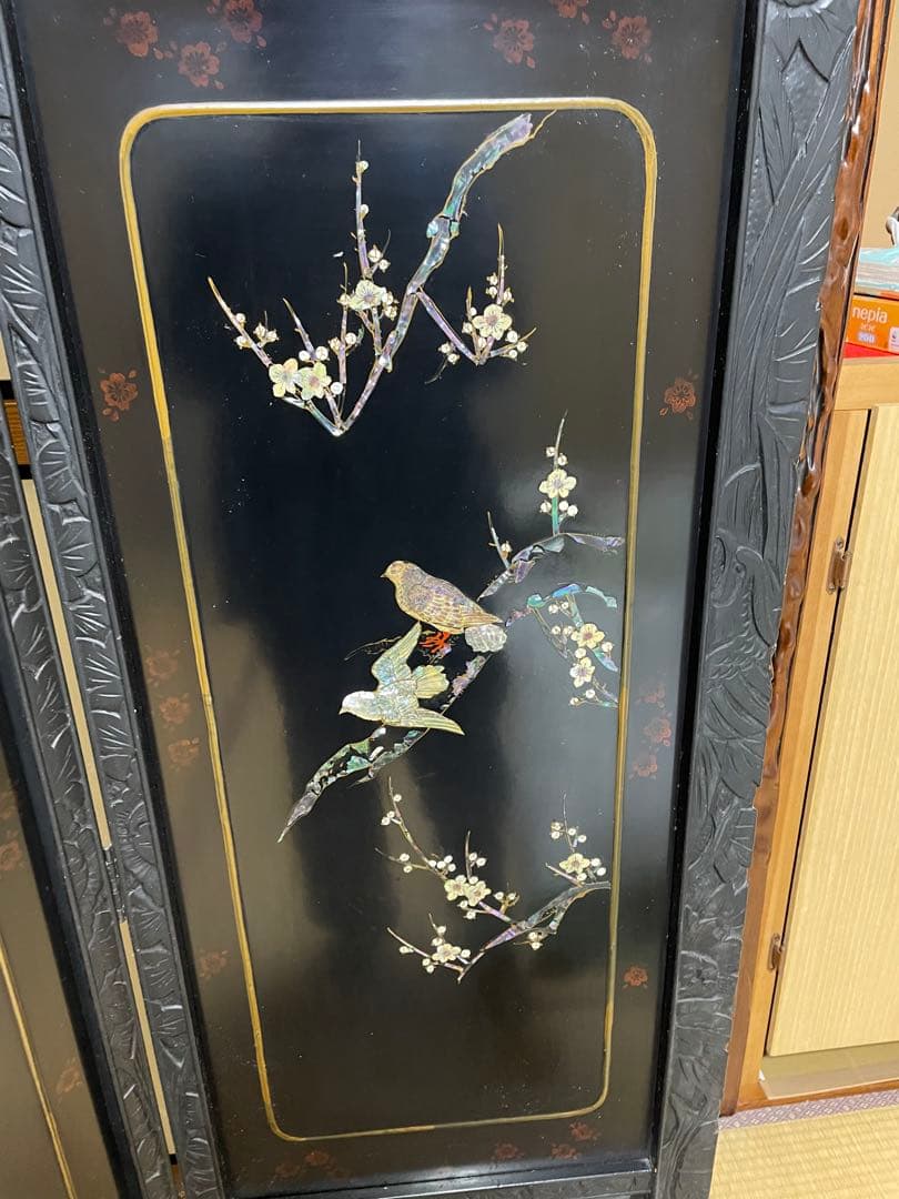 螺鈿細工 四曲屏風 大型 木製 アンティーク 和家具 インテリア