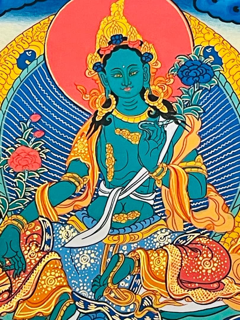 手描き 肉筆画 グリーンターラー 緑多羅菩薩 タンカ 曼荼羅 38 × 26