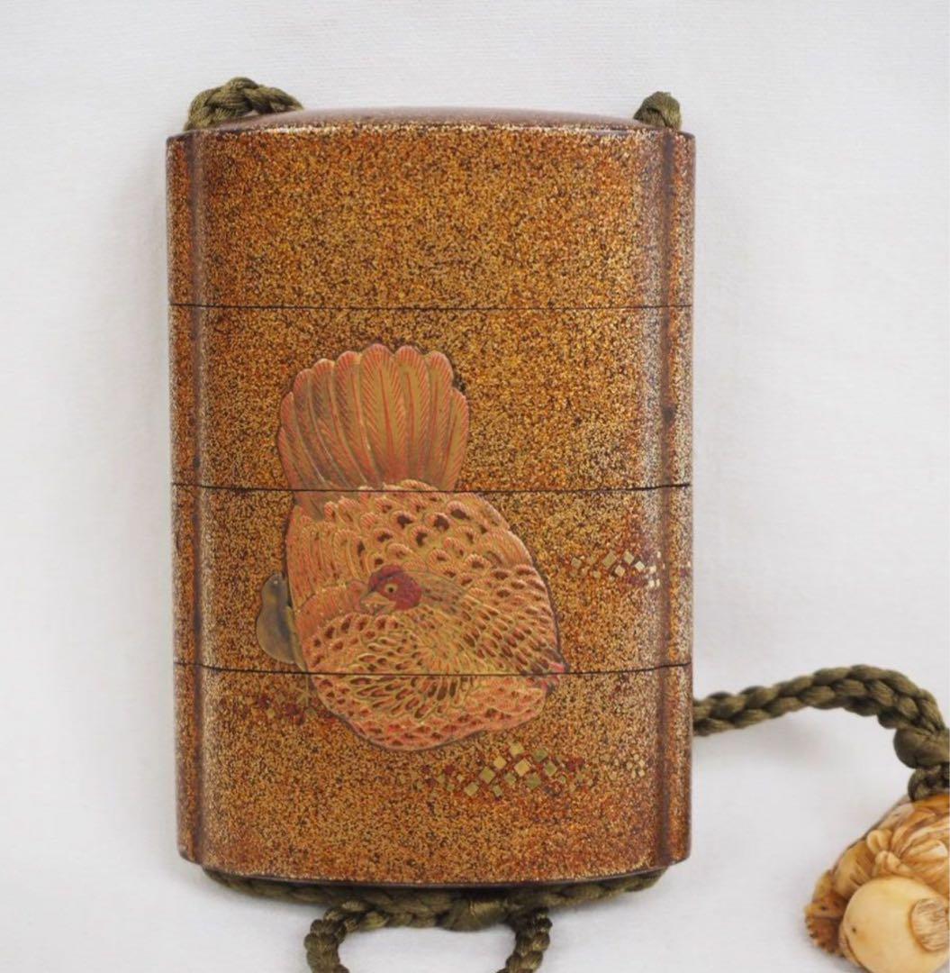 送料無料　江戸時代　極上品（在銘）本金梨子地螺鈿蒔絵 鶏図印籠 人物根付 木箱付