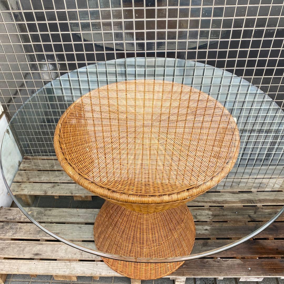 ラタン ヴィンテージダテーブル インテリア ガラス天板 店舗什器