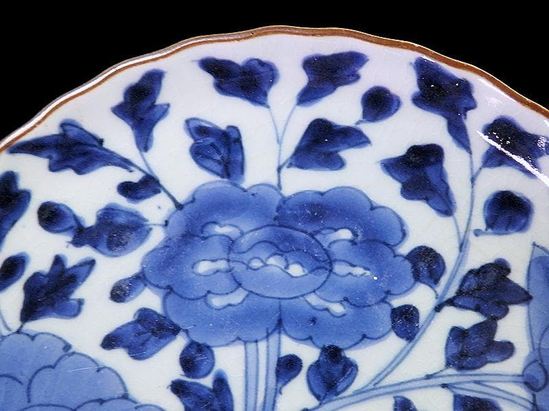 古伊万里　染付　牡丹に牡丹唐草の図　６寸皿　江戸期　F173AS-fbqu