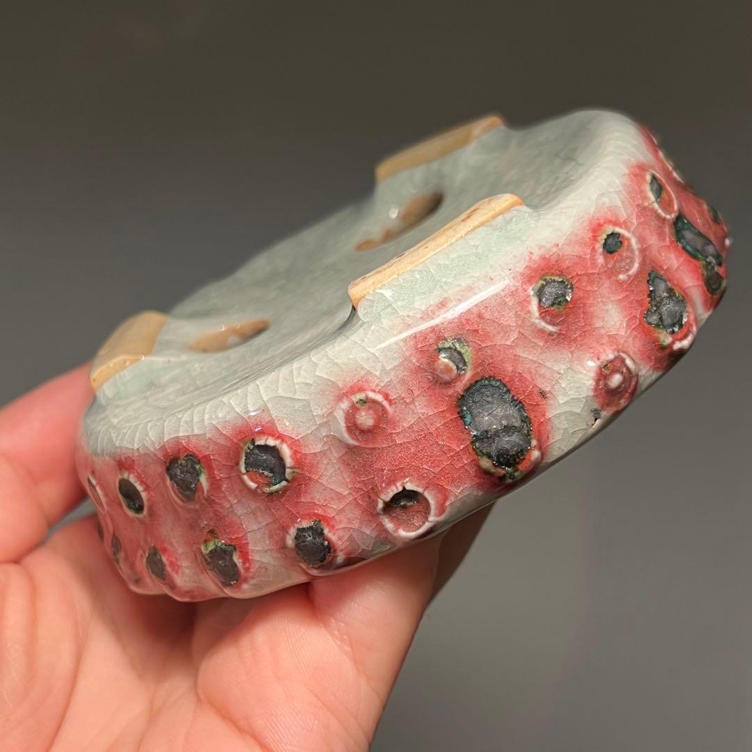 761.今岡町直 辰砂鼓釘丸鉢 盆栽鉢 植木鉢 10.6*3.2cm