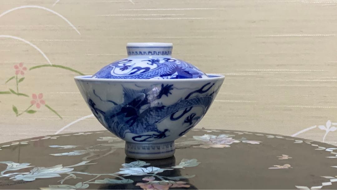 アンティーク　在銘　上品な龍紋　伊万里　染付お椀　茶碗　中国茶蓋付お碗　茶道具