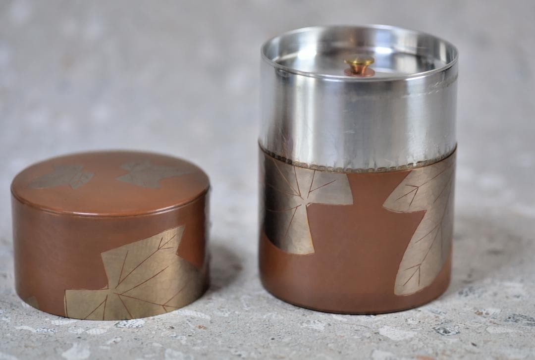 玉川堂、鎚起銅器、葉分茶器揃（7点）　銅器　共箱／茶道具