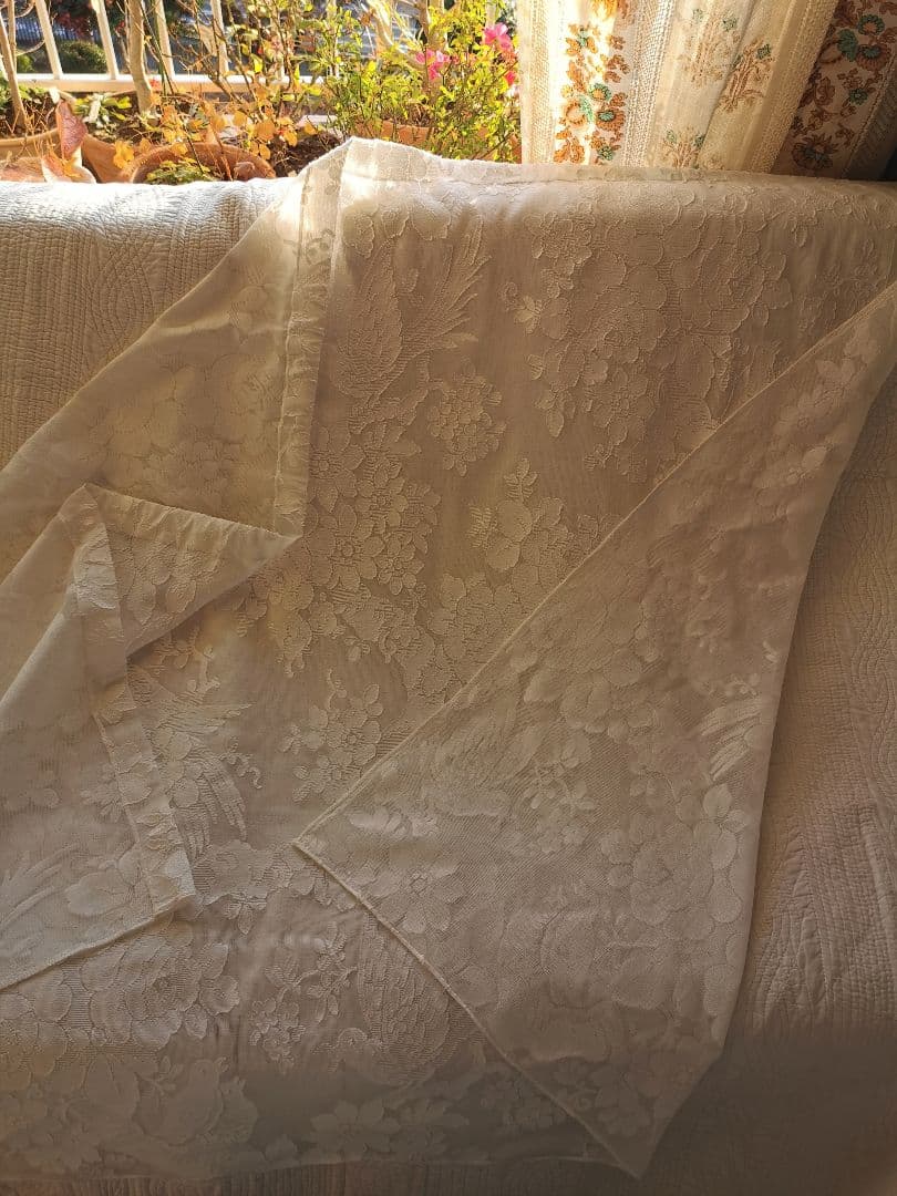 アンティーク ノッティンガムマドラスレース 餌やり鳥の親子 薔薇紋カーテンパネル