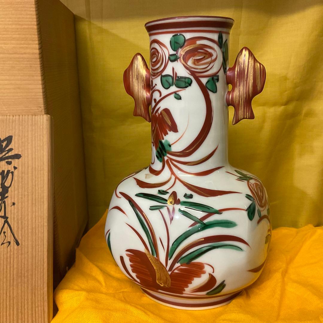 処分　小泉蔵珍 作 呉須赤絵 双魚耳付花生