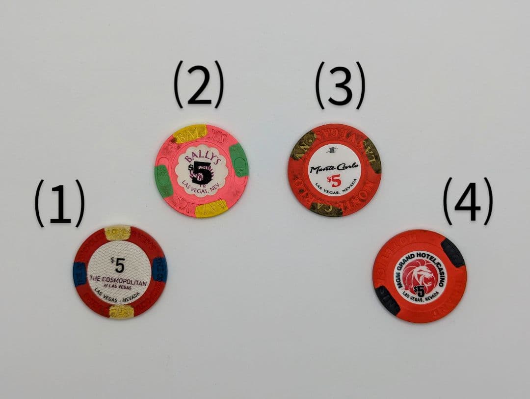 米国ラスベガス　カジノ　５ドルチップコレクション 4種【β】