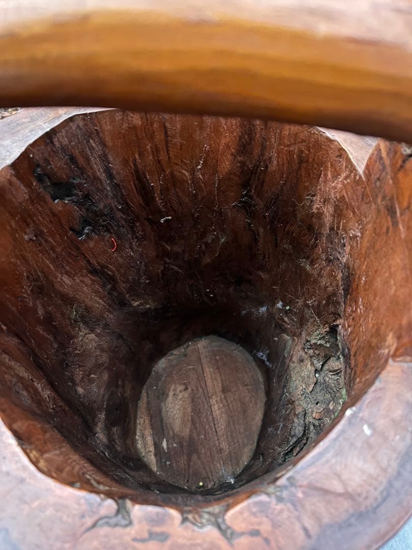 昭和レトロ天然木 無垢材 くり抜き 手桶型 傘立て 14.6kg 花器 古道具