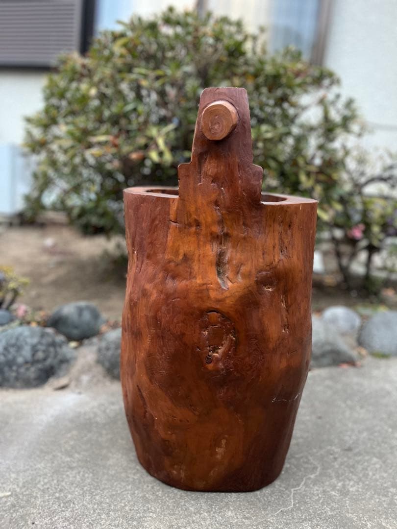 昭和レトロ天然木 無垢材 くり抜き 手桶型 傘立て 14.6kg 花器 古道具