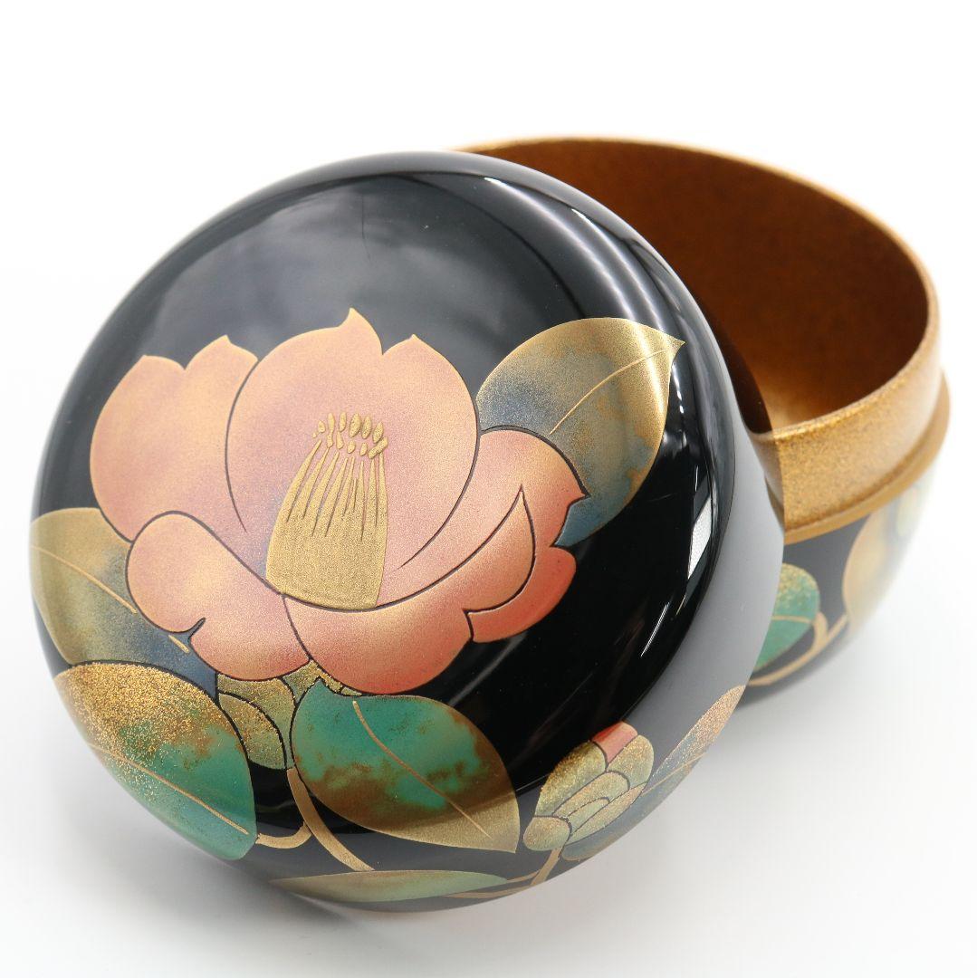 桜井一良作 椿蒔絵 平棗 金梨子地 金蒔絵 茶道具 共箱共布　M347　TC1