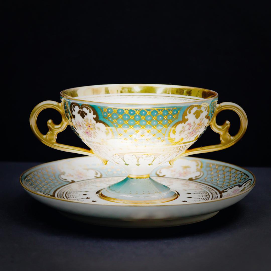 ドレスデン磁器 ドナー工房 モノグラム＆ターコイズ ブイヨンカップ＆ソーサー