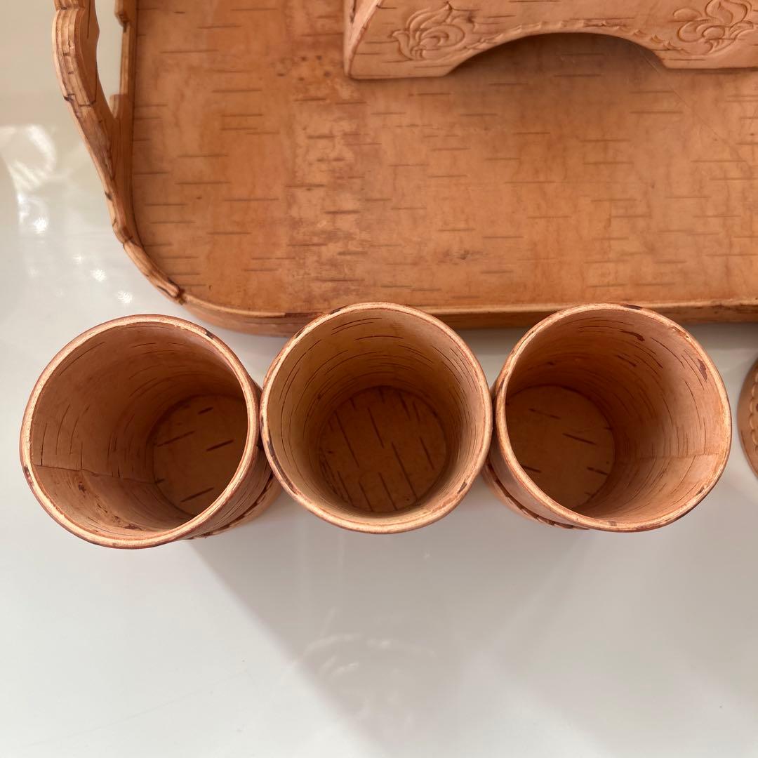 白樺の樹皮で作られたロシアの伝統的な茶器セット 6点セット