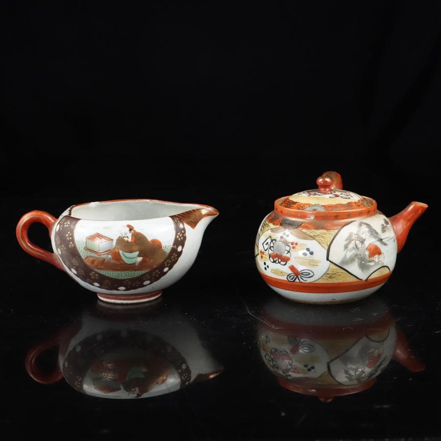 Y3337-1 九谷焼 金彩赤絵 煎茶碗揃 急須・湯冷まし・煎茶碗 共箱　　よ