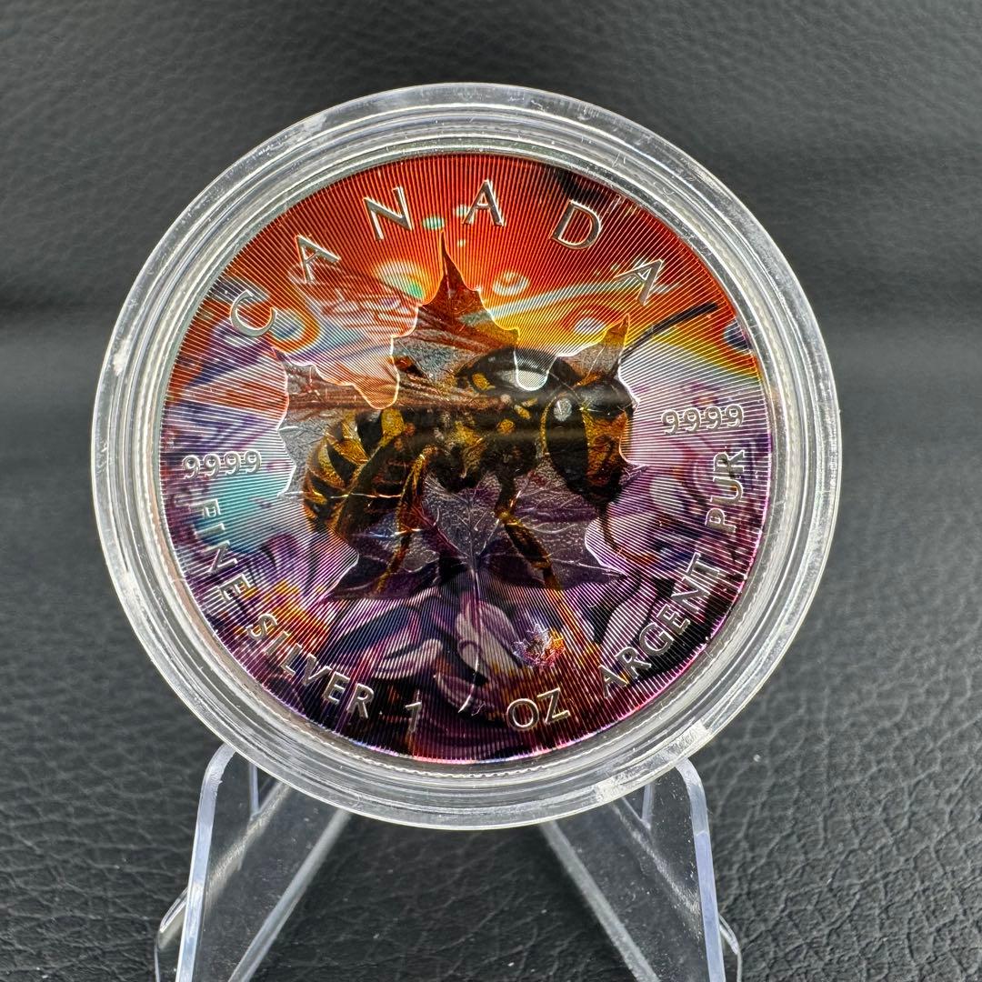 世界100枚限定！ メイプルリーフ 銀貨 カラー ミツバチ 動物と植物の自然融和