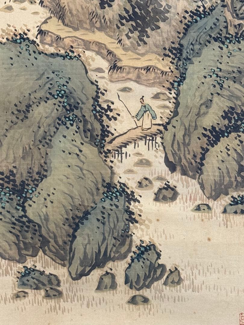 竹塘山人筆　絹本肉筆　青緑山水　共箱　掛軸　送料込み250902