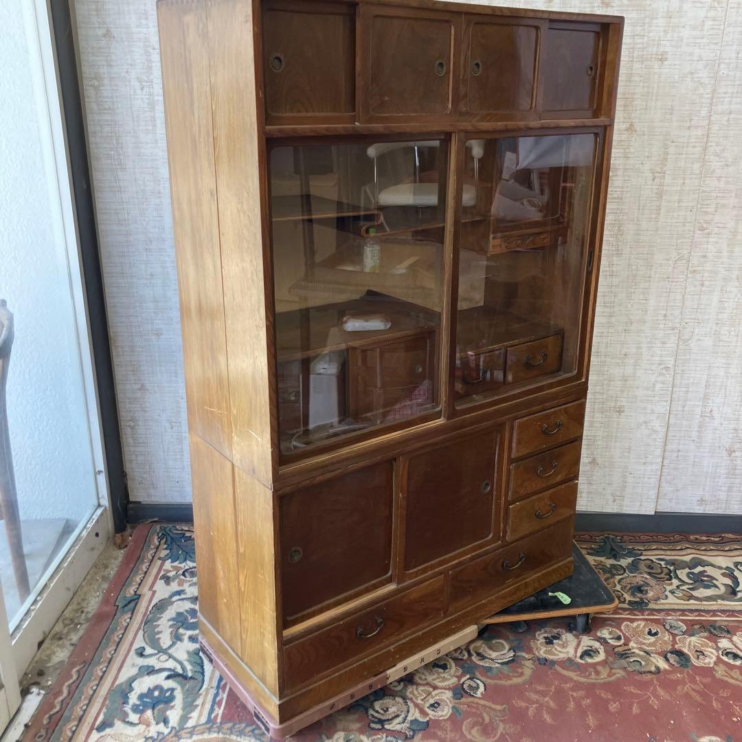 昭和レトロ 茶箪笥 茶棚 ガラス扉 サイドボード 古家具 飾り棚ビンテージ