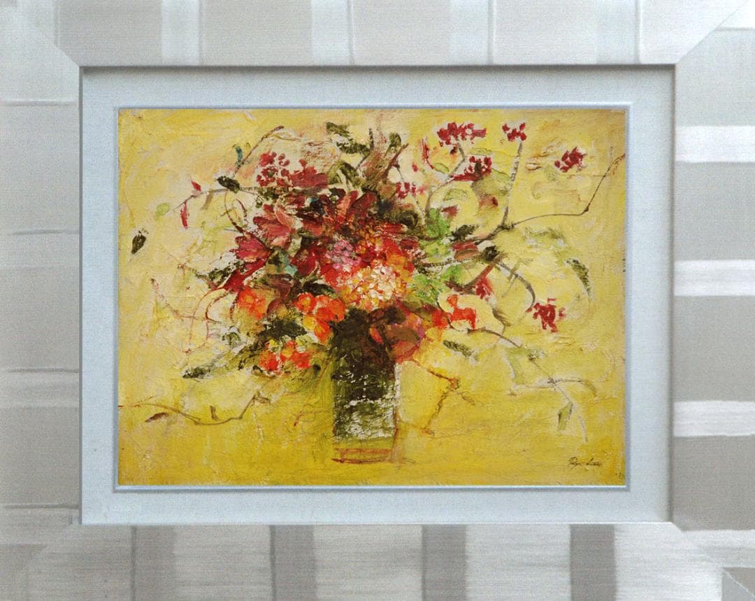 油絵 菅家令子 絵 絵画インテリア 額付(青緑＋金色の枠)F4-070702 花
