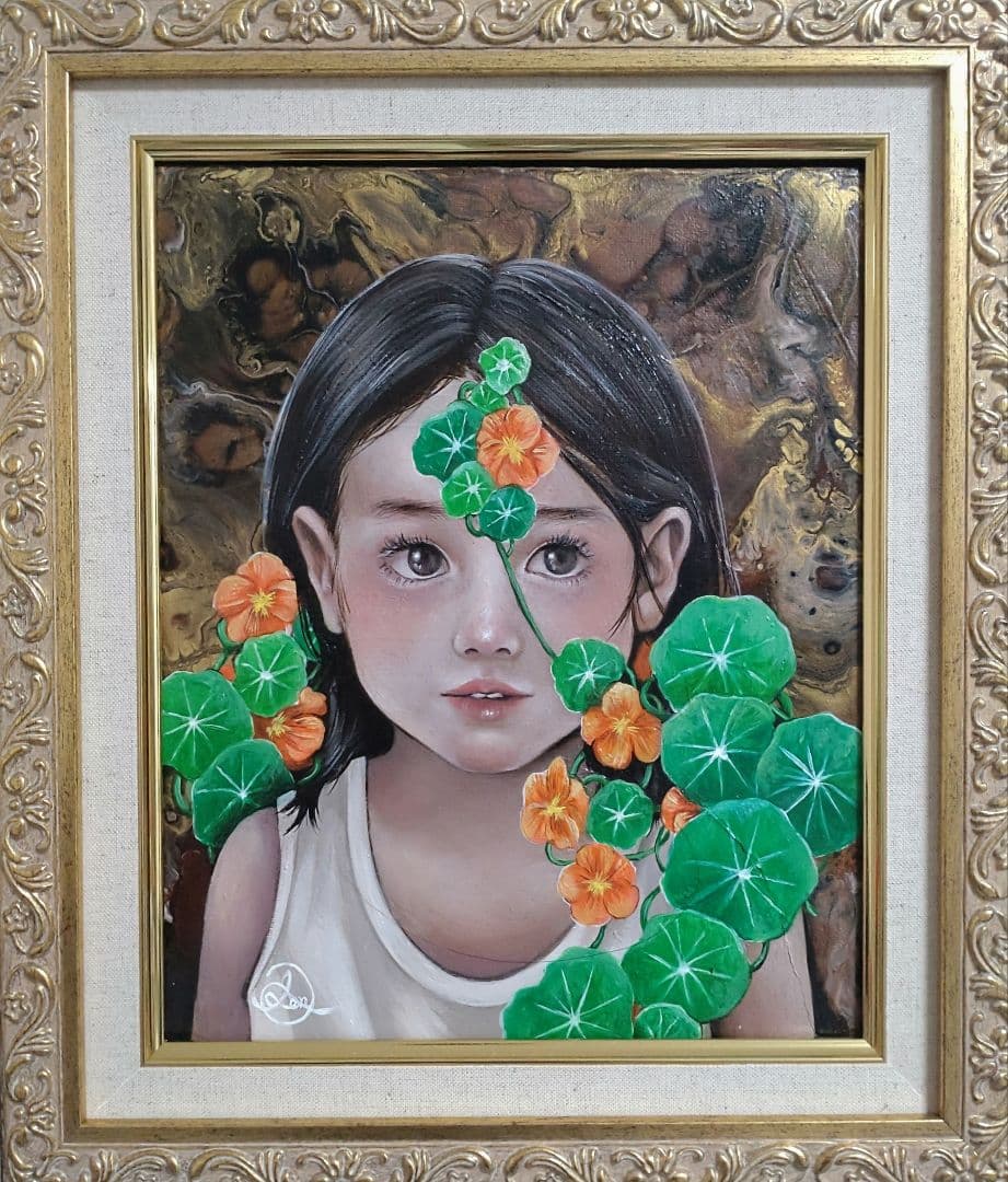 少女の油絵【金蓮花】1点物の原画◆作者サイン入り/F3号キャンバス