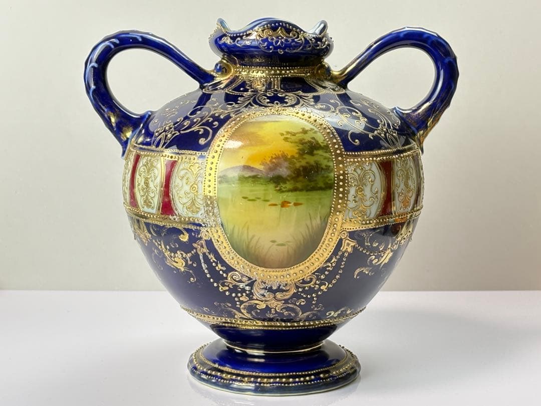 里帰り オールド ノリタケ コバルト 金盛湖畔白鳥図 双耳花瓶 R71123-4