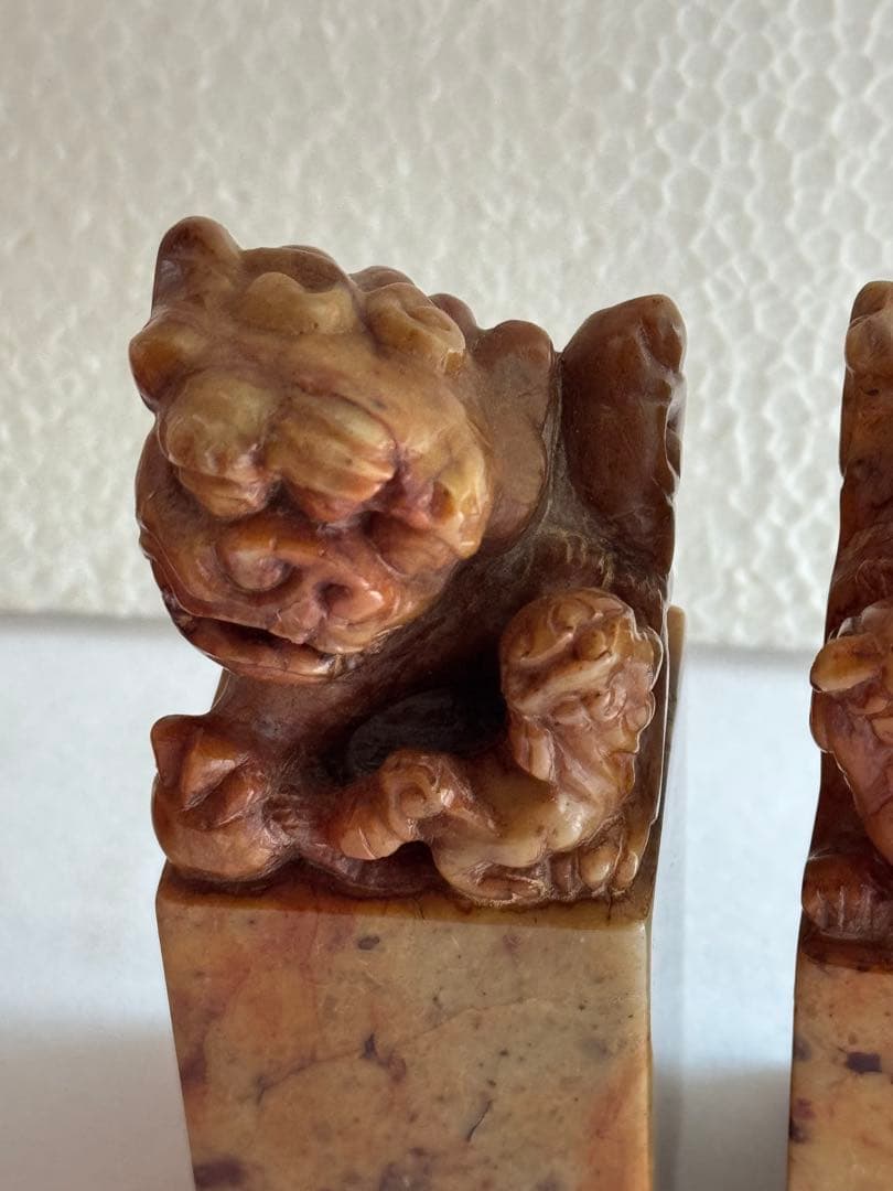 【希少】獅子鈕紅芙蓉橙石印材　印石　印材　中国　2個セット　箱入り