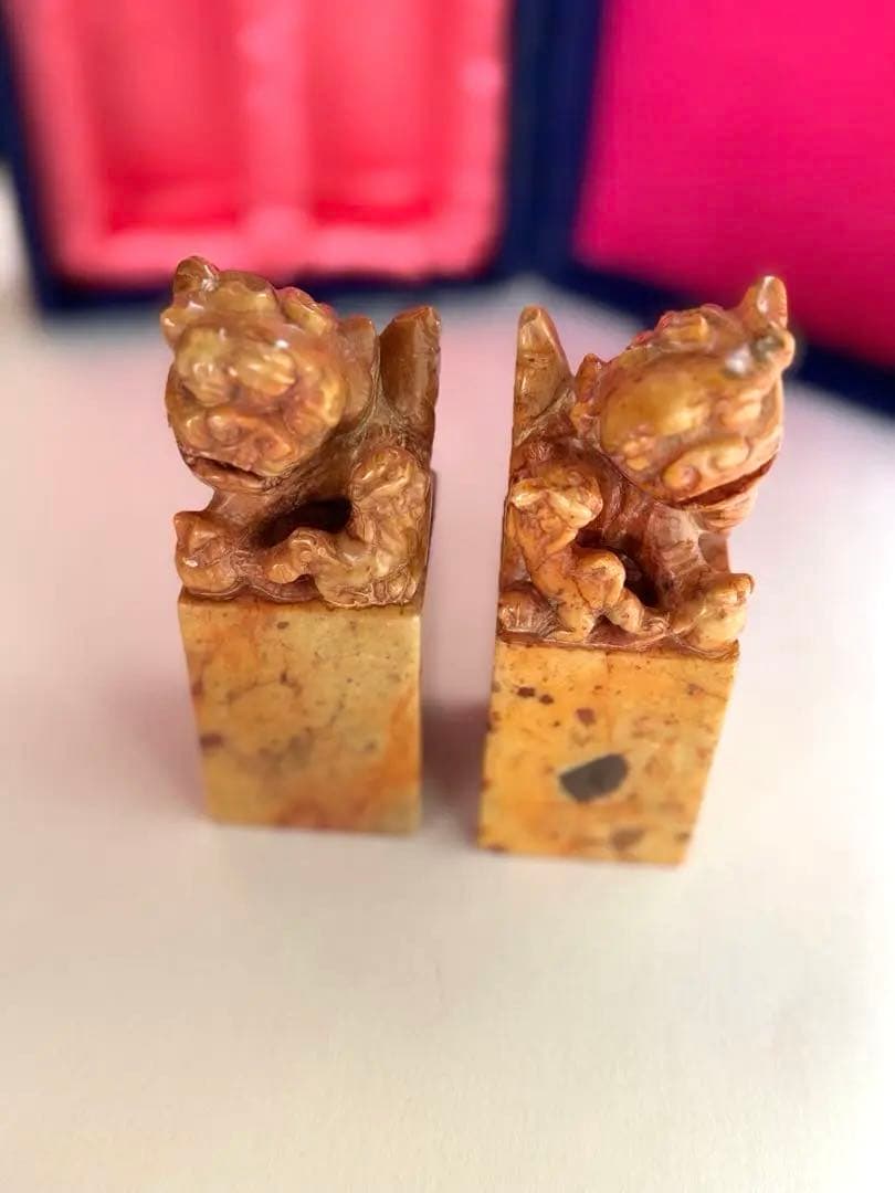 【希少】獅子鈕紅芙蓉橙石印材　印石　印材　中国　2個セット　箱入り