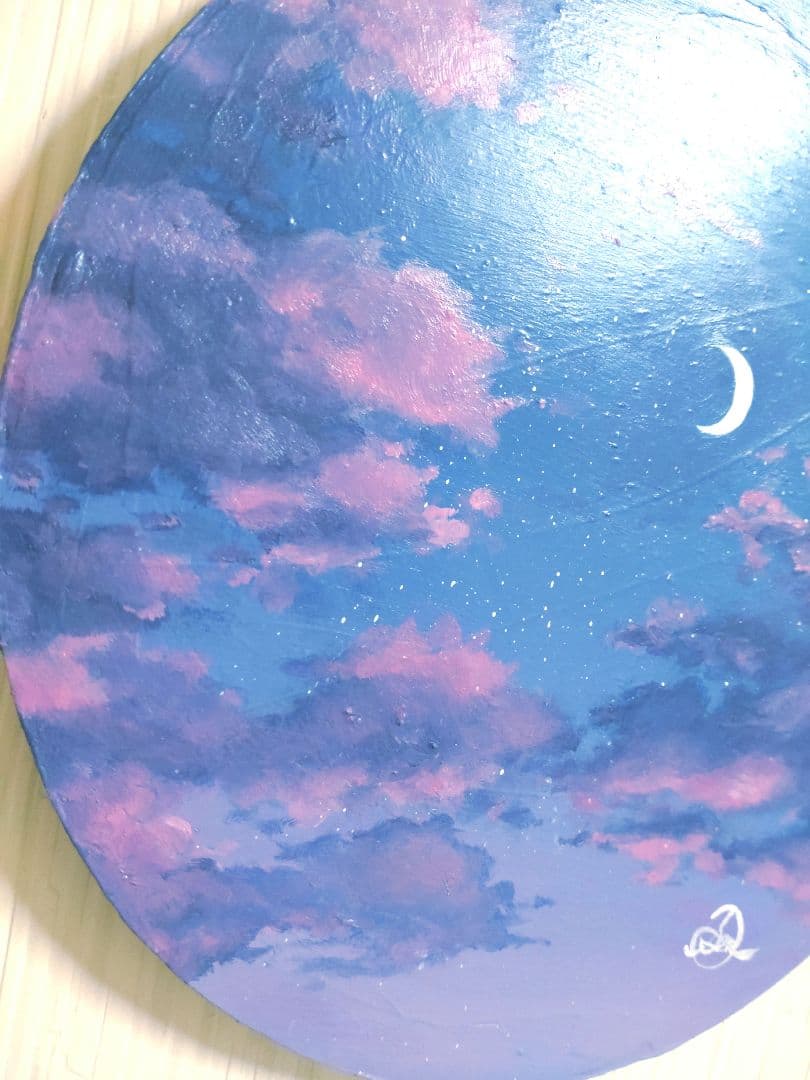 空の油絵【今宵の紅】1点物の原画◆作者サイン入り/円型キャンバス油彩画