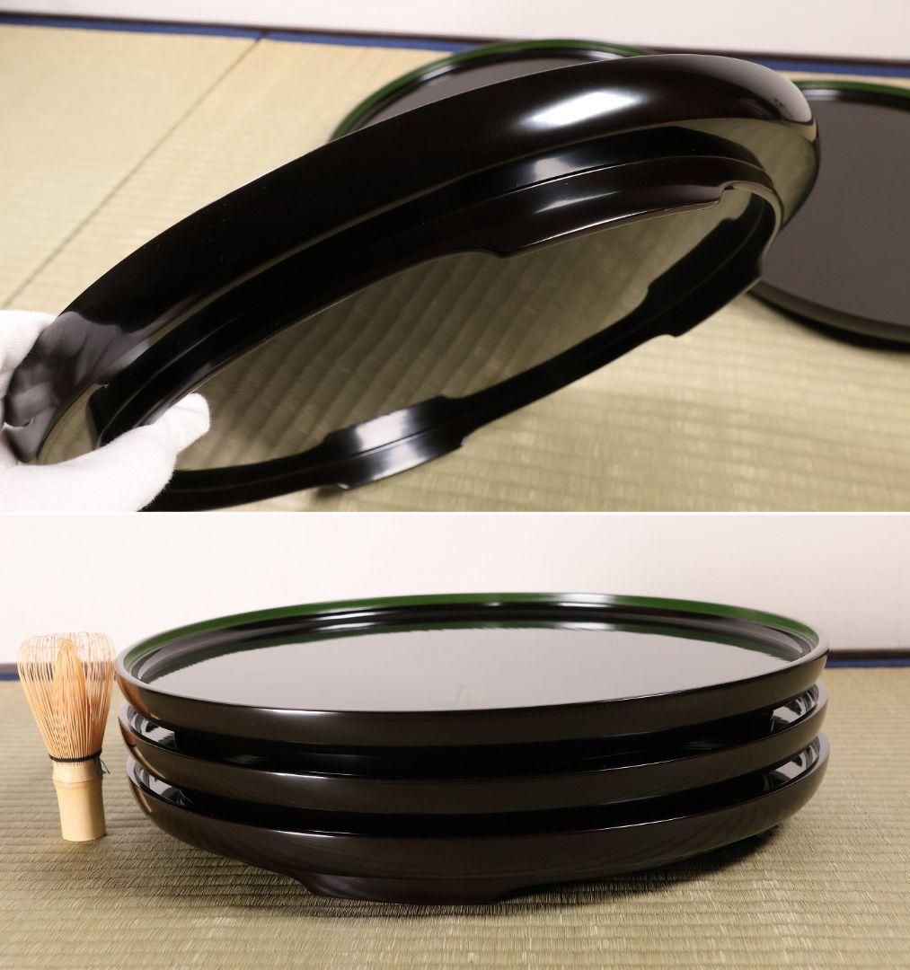 輪島塗 本堅地 黒塗 縁青漆 足付 丸膳 37.8cm 三客 木製【CM384