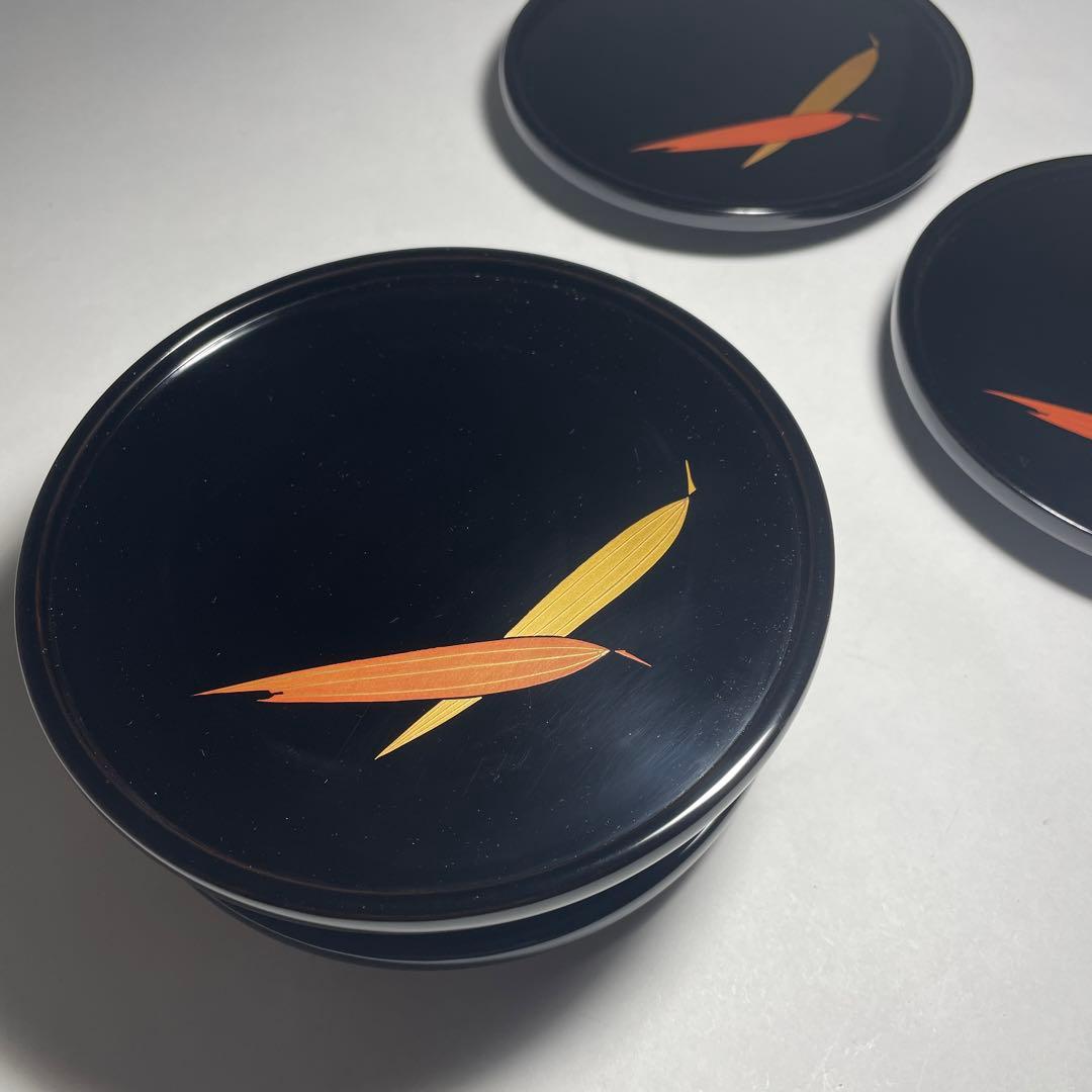 輪島塗 蒔絵笹 黒塗菓子皿五枚揃い【中前典次】作 中前謹製 天然木◆